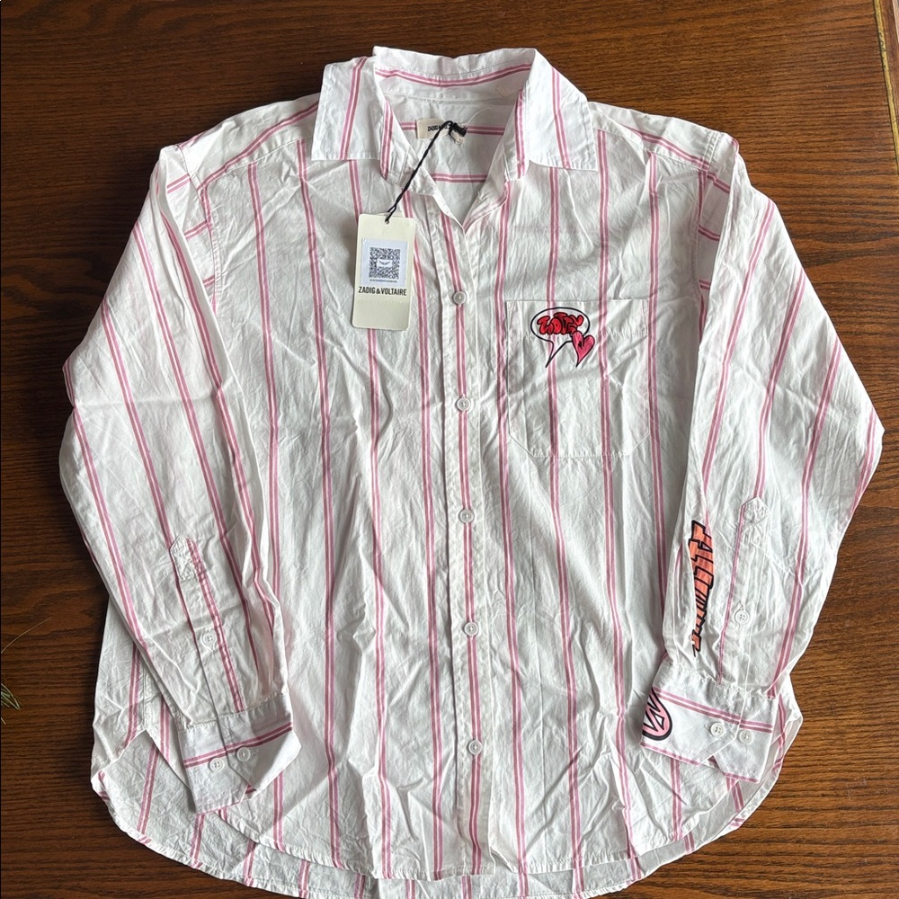 Zadig&Voltaire white with pink stripes Graffiti shirt long sleeves Sold Out NWT